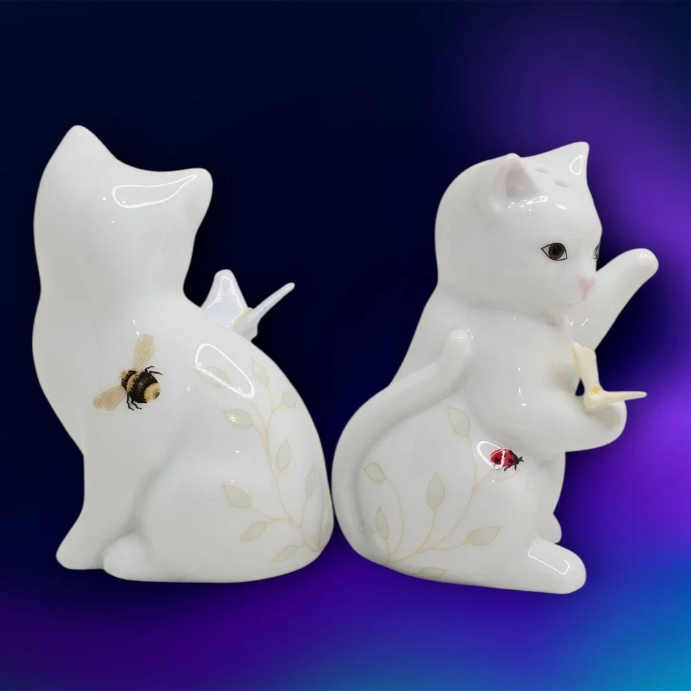 LENOX PORCELAIN SALT‎ & PEPPER SHAKERS SET CATS WITH BUTTRFLY
